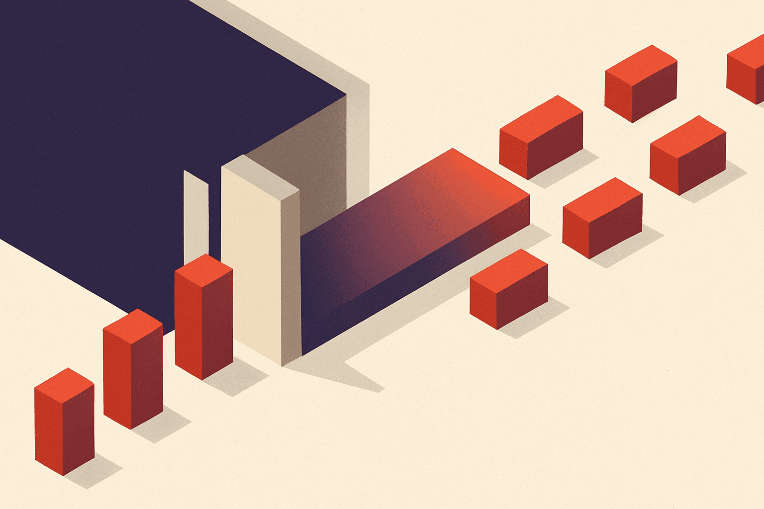 A constricted channel opening wider as queued geometric forms flow through