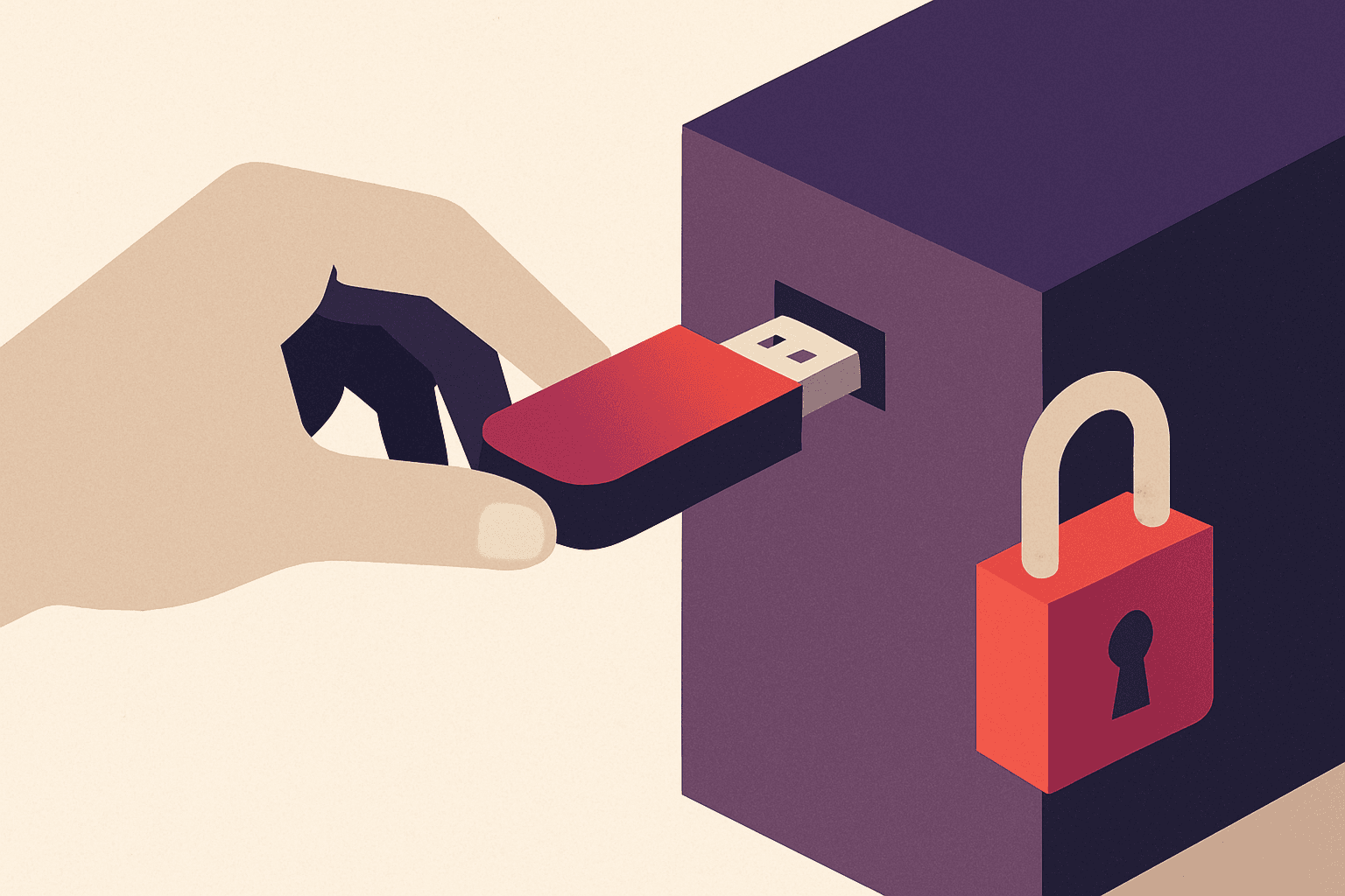 a hand inserting a suspicious USB stick into a locked machine while a padlock hangs unused on the side