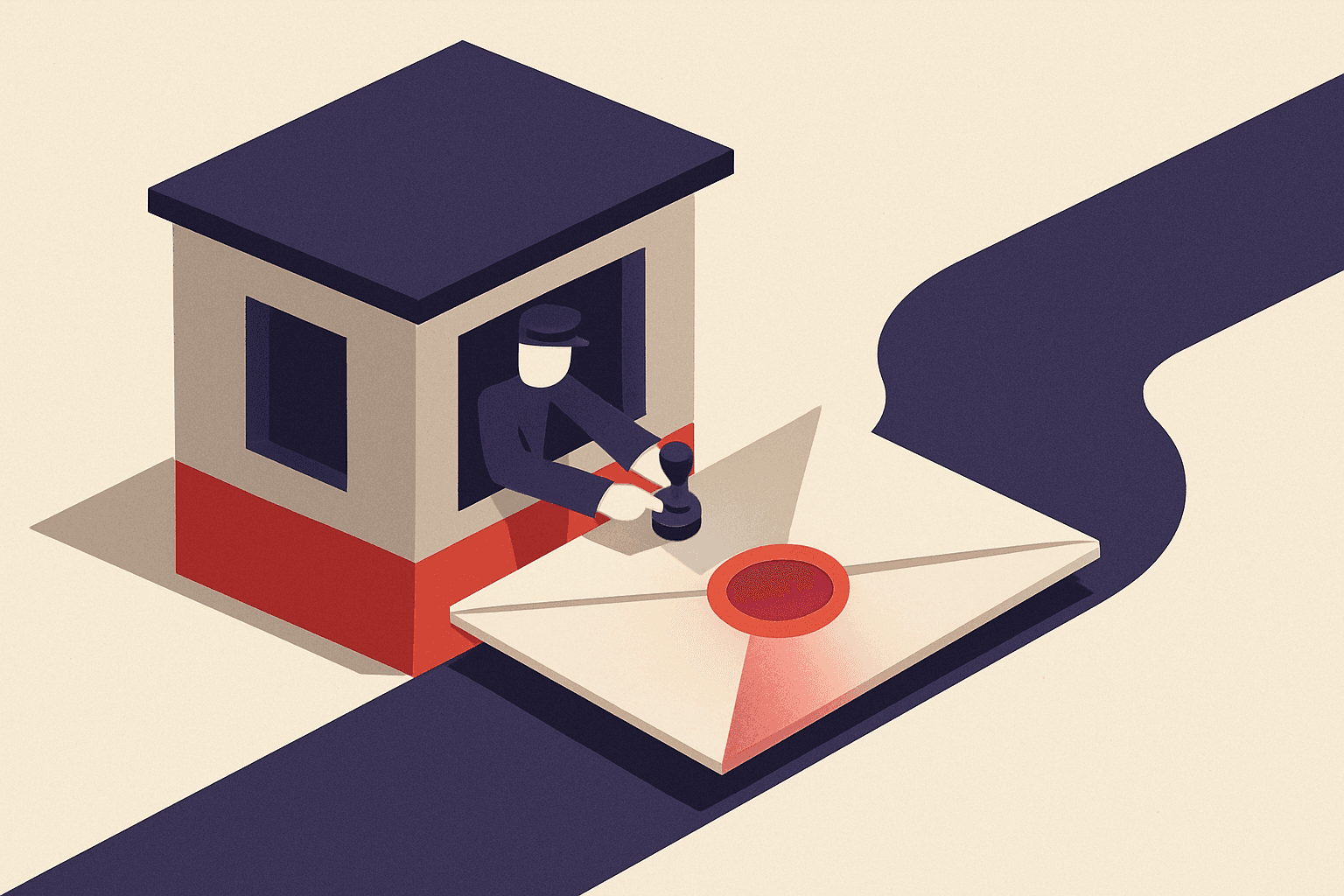 An envelope passing through a small checkpoint booth where a clerk presses a wax seal onto it before it continues down the road.