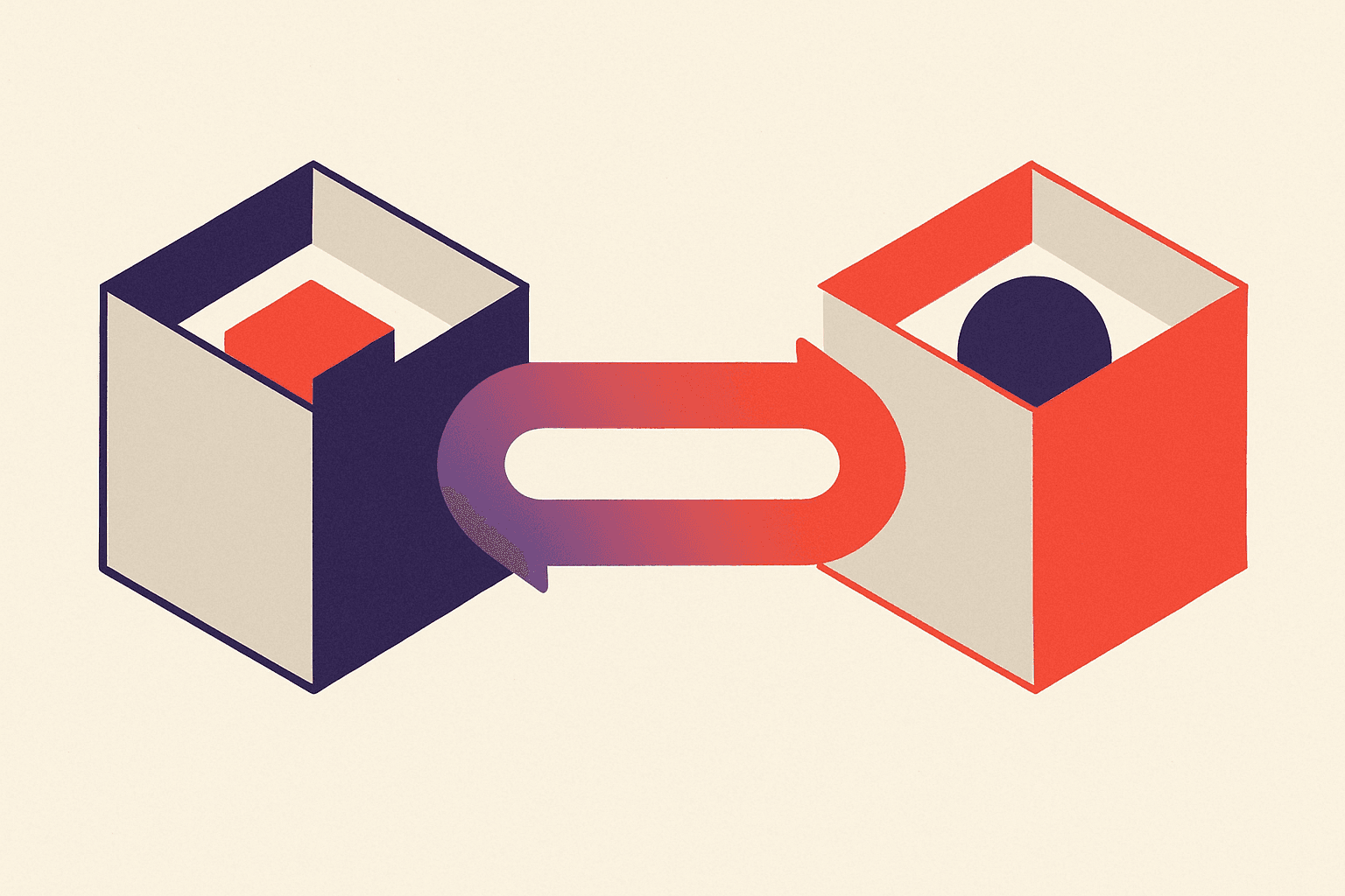 Two mirrored geometric containers exchanging shapes along a bidirectional path