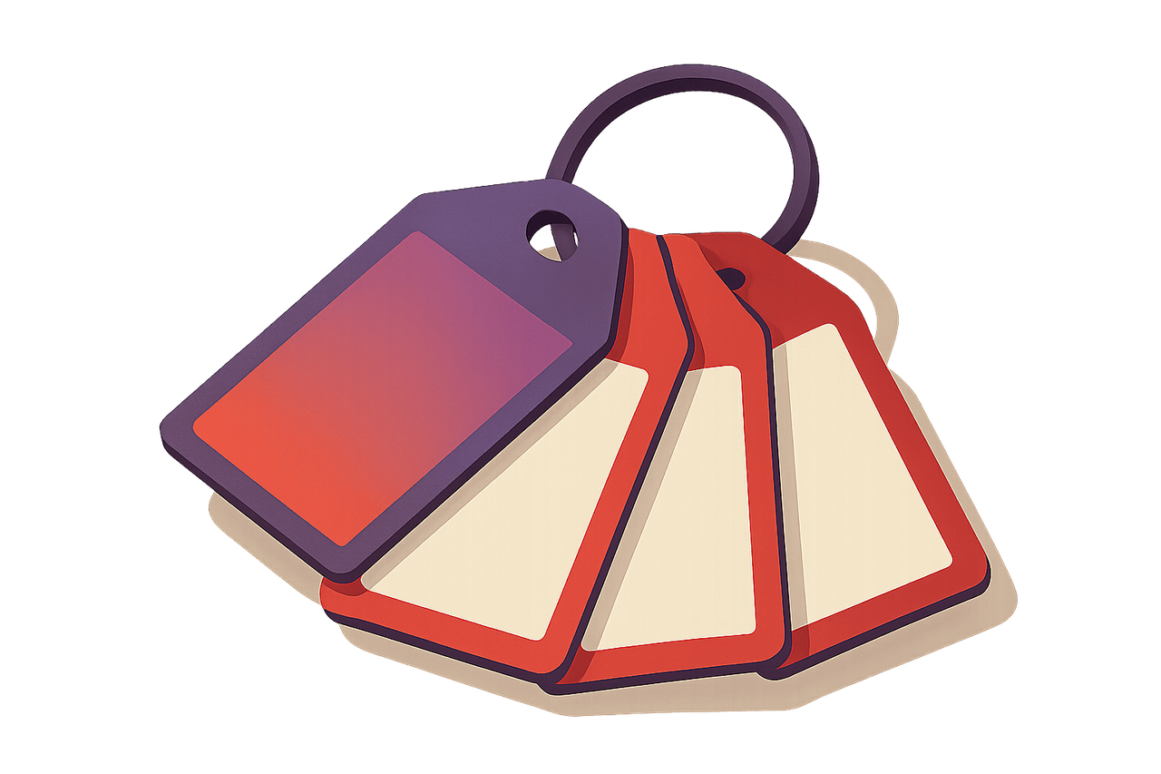 A set of labelled luggage tags, each printed with a different location, being clipped together onto one metal ring so they can be carried as a single bundle.